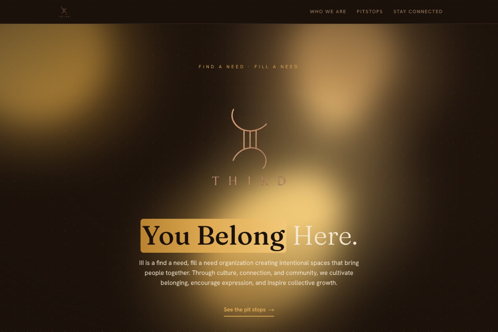 The iii.community home page: the Third monogram in gold on a dark ground above the headline You Belong Here.