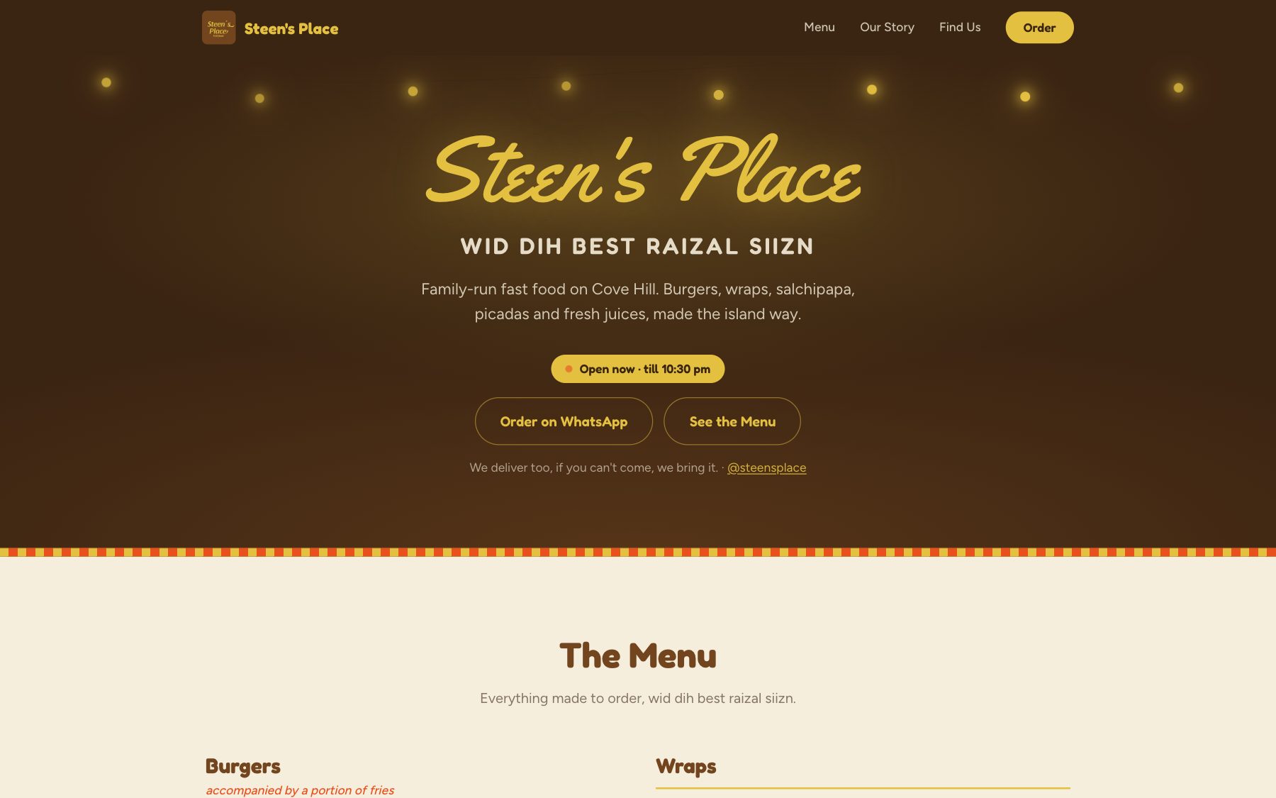 The Steen's Place home page: the name in gold script over a warm brown ground, an Open now badge, and buttons to order on WhatsApp or see the menu.