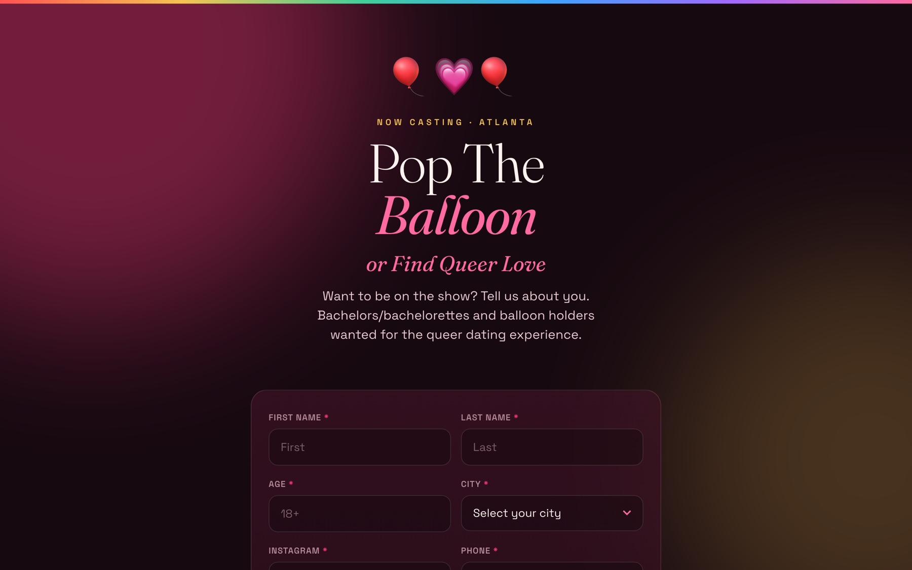The Pop The Balloon casting page: the show title in pink over a dark gradient, with the application form beneath.